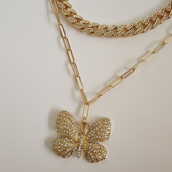 NEW Duble Rhinestone Gold Chain Butterfly Necklace Set - Picture 3 of 10